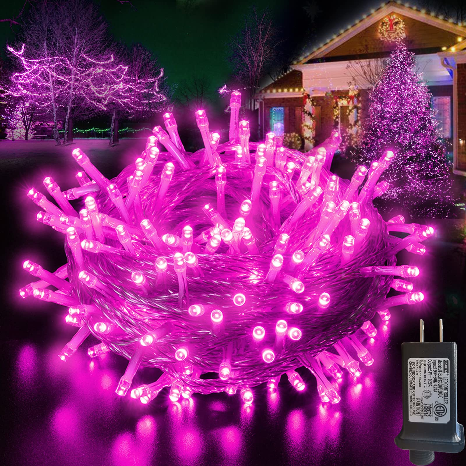 66 ft 200 LED Pink String Lights, Pink Christmas Lights Plug in, Indoor Outdoor Connectable 8 Mod... | Amazon (US)