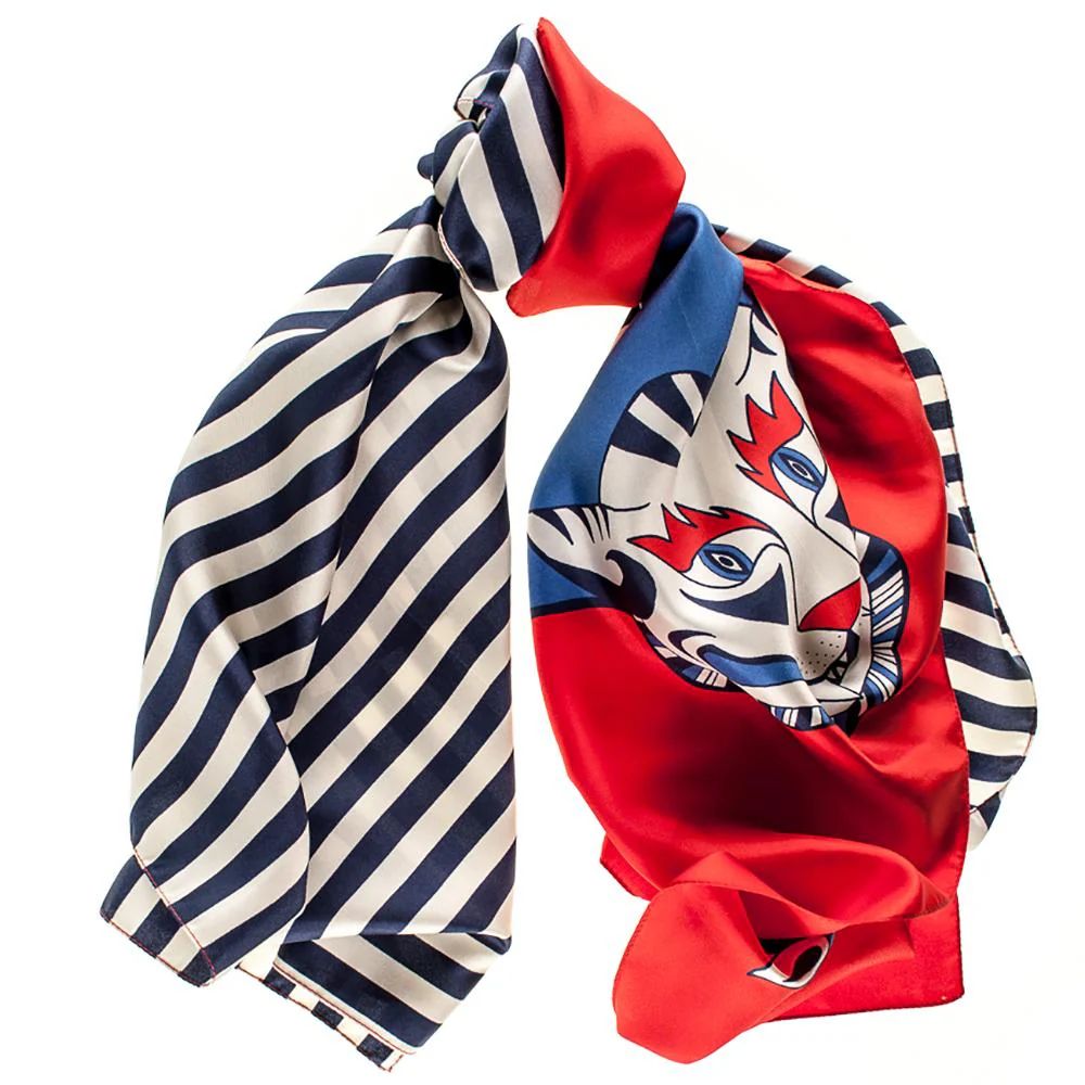 Red, White and Blue Tiger Print Silk Scarf | Black