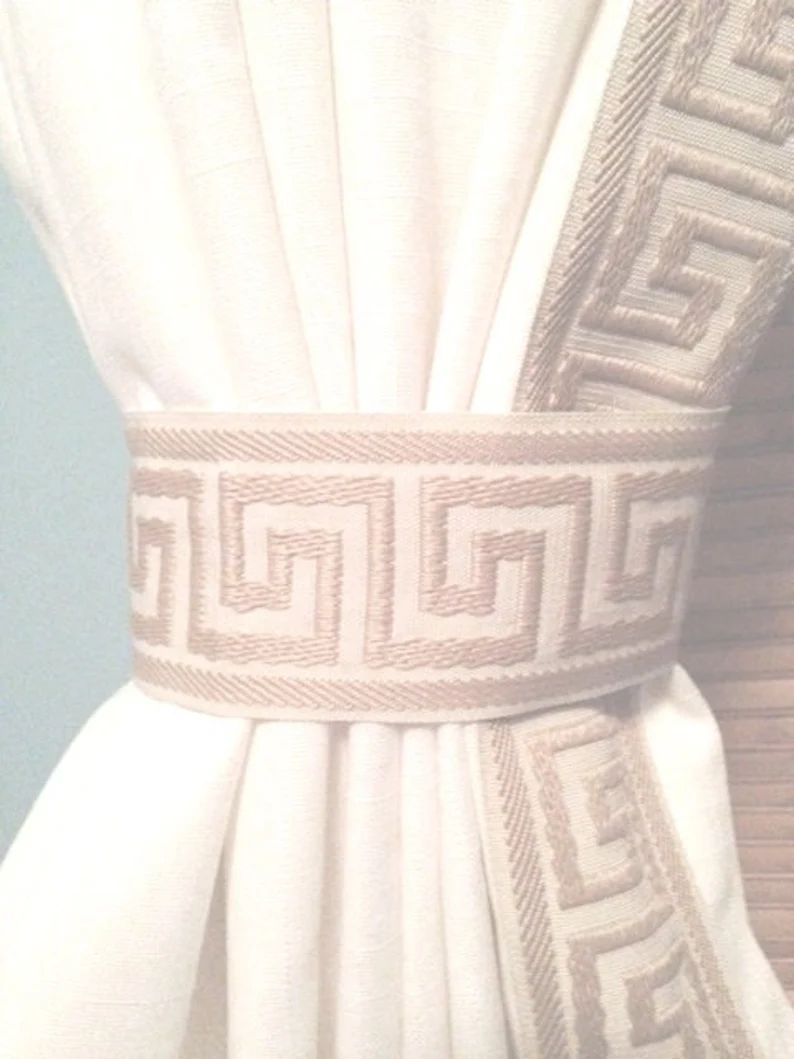 Ivory Linen Cotton Blend Greek Key Trim Curtain, Greek Key Ivory curtain, Off white Greek Key tri... | Etsy (US)