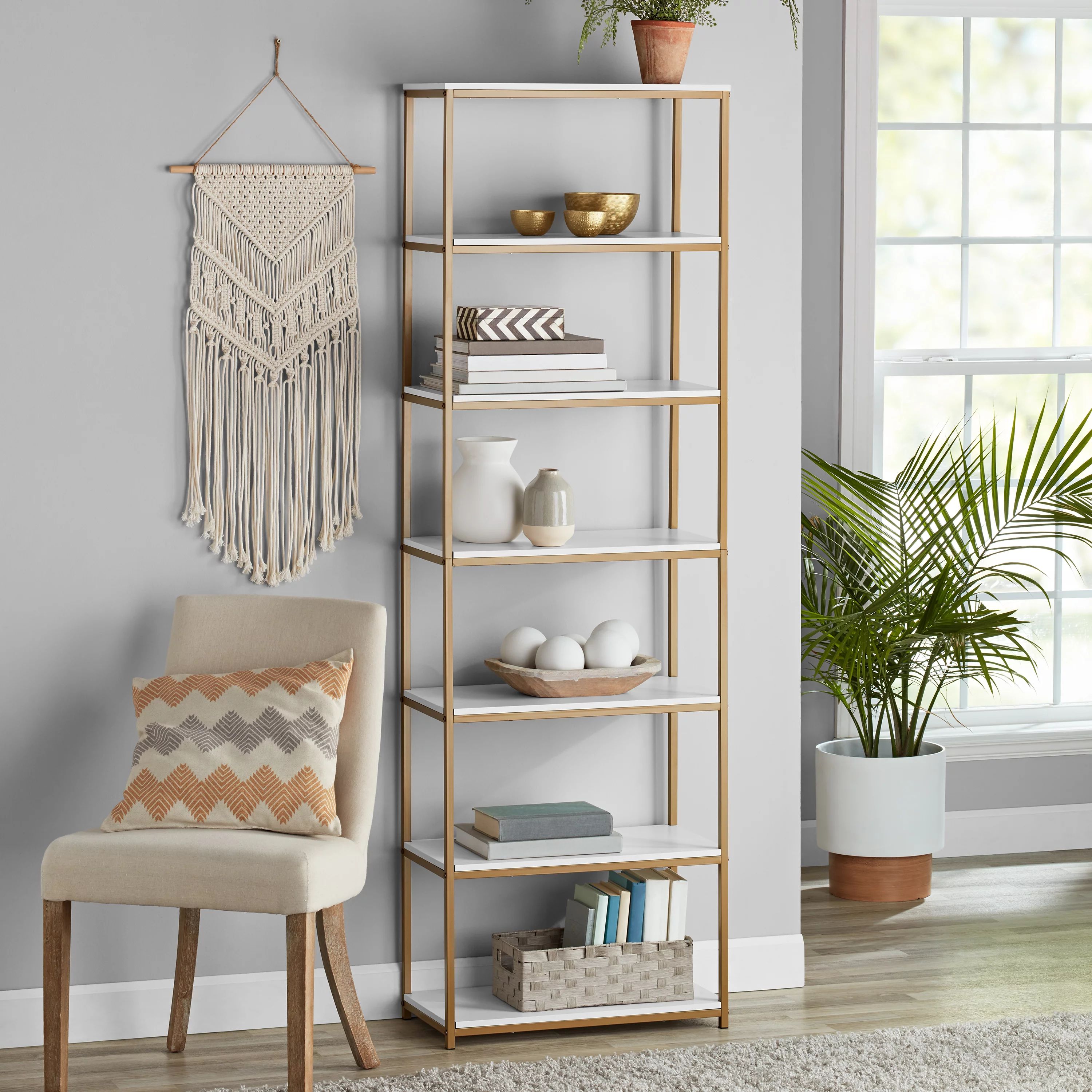 Mainstays 6-Shelf Gold Metal Frame Bookcase, White | Walmart (US)