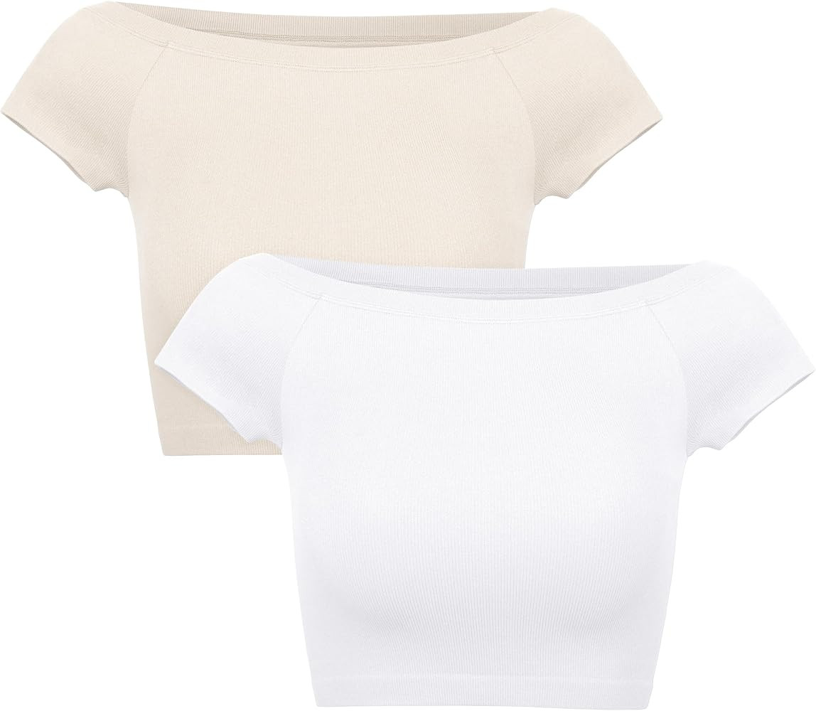 ODODOS 2-Pack Off Shoulder Crop Tops for Women Shorts Sleeve Seamless Cropped Top Ribbed T-Shirts | Amazon (US)