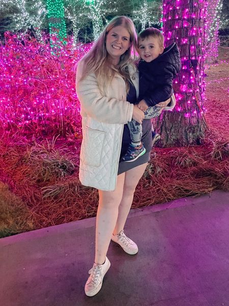 My Christmas light outfit! I have this maternity sweatshirt dress in four colors now. My coat is from last year and only in stock in XS but linking similar options. My sneakers are my go-to white sneakers. I'm on my third pair. 

#LTKbump #LTKHoliday #LTKSeasonal