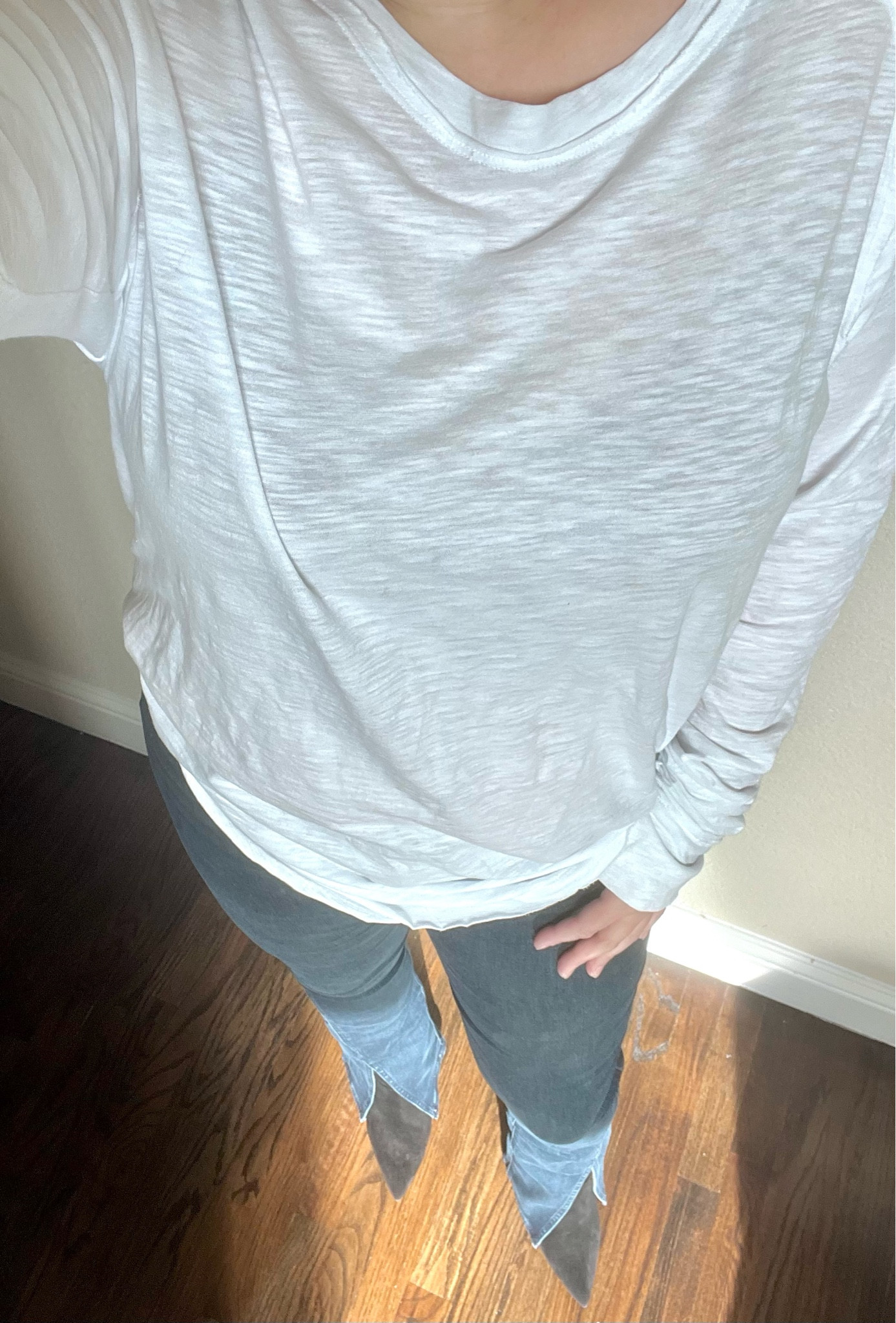 We the Free Arden Extra Long Cotton Top (sz large), split hem jeans (linked similar), suede pointed toe boots.

#LTKStyleTip #LTKMidsize #LTKxNSale