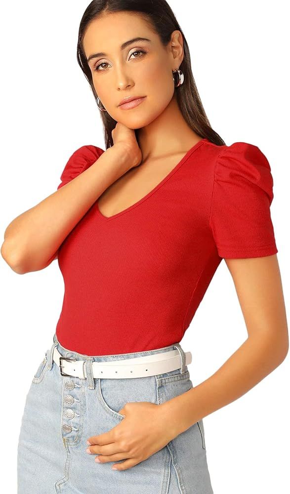 Romwe Women's Elegant Short Puff Sleeve Rib Knit V-Neck Basic Slim Fit T-Shirt Crop Tops | Amazon (US)
