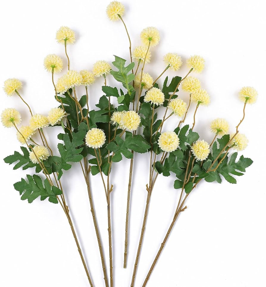 mizii 6Pcs Yellow Fake Silk Pompon Mum Artificial Flowers Bulk Small Faux Chrysanthemums with Ste... | Amazon (US)