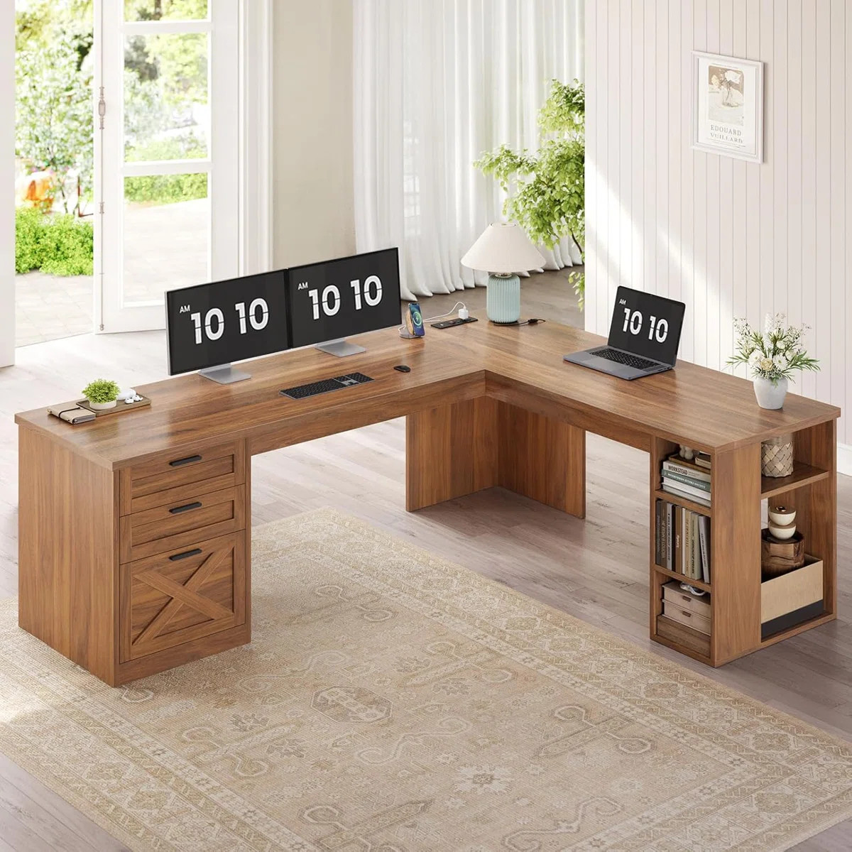 67" Farmhouse L Shaped Desk With 3 Drawers, Executive Desk | Wayfair North America