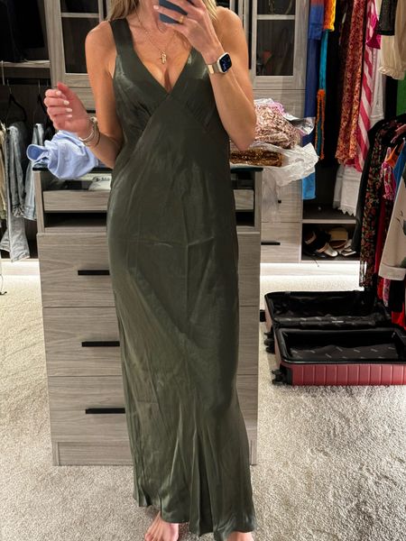 Simple silk slip dress that you can elevate with accessories and glam 🫒 Great weight to midi dress. Tts 
Wedding guest dress finds on Revolve; Shona Joy 

#LTKMostLoved #LTKparties #LTKwedding