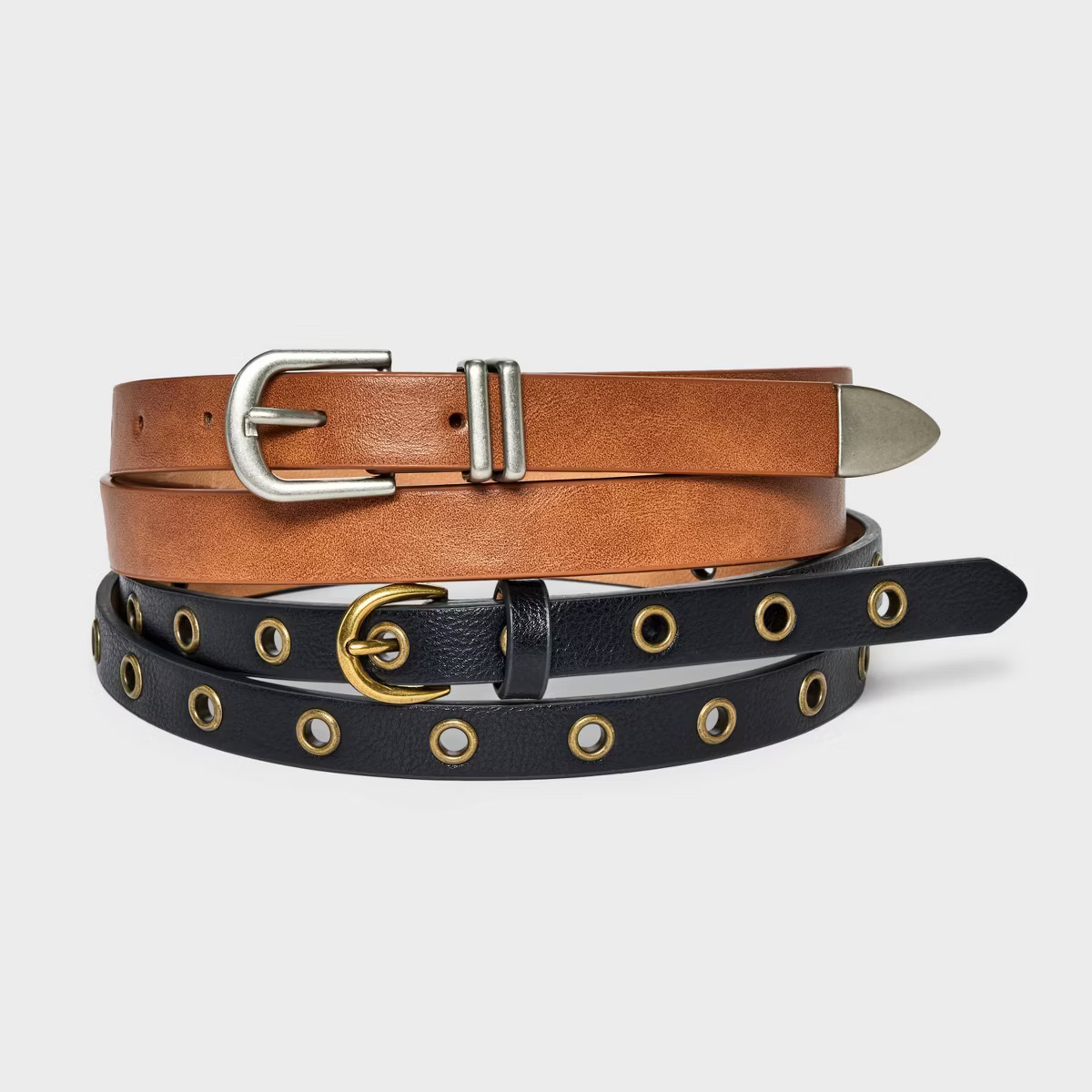 Women's 2pk Grommet & Silver Buckle Belt - Universal Thread™ Black/Brown | Target