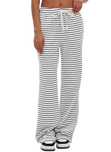 Darong Wide Leg Stripe Pants for Women High Waist Lounge Pants Casual Sweatpants with Pockets 9066A White Stripe S 29" | Amazon (US)