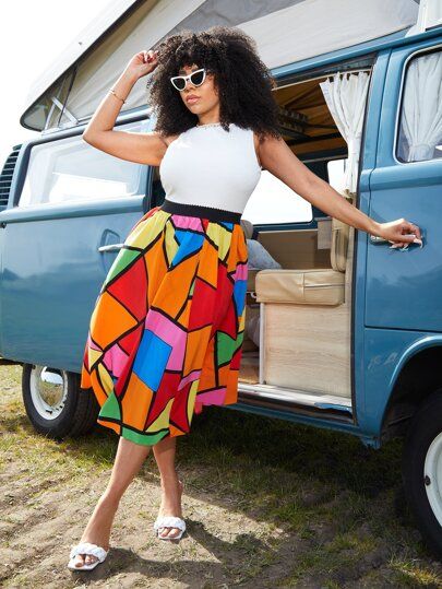 SHEIN Plus Colorblock Geo Print Skirt | SHEIN