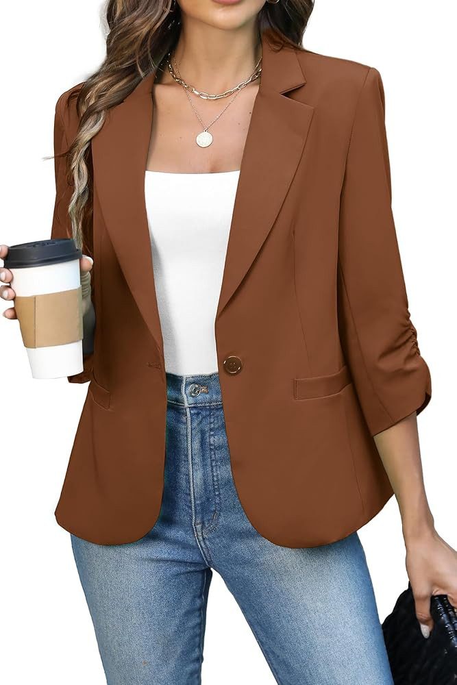 ELLEVEN Women's Ruched 3/4 Sleeve Blazers, Lightweight Slim Fit Jackets with Padded Shoulder for ... | Amazon (US)