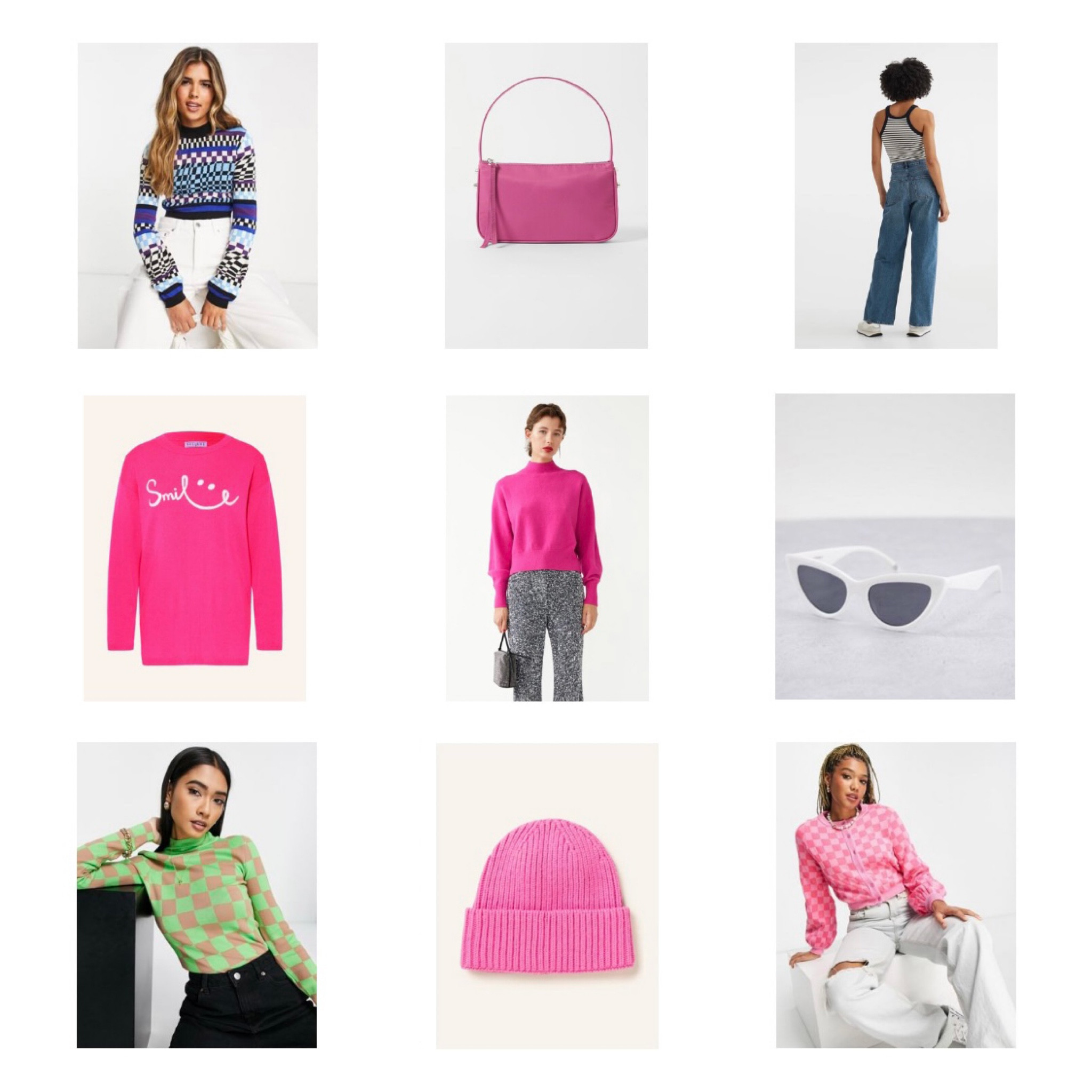 Pink Check Board. Fashion Blogger Girl by Style Blog Heartfelt Hunt. Girl with blond hair wearing a pink beret, pink sweater, check board sweater, white cat-eye sunglasses, wide leg jeans, pink mini bag and New Balance sneakers. #colorfuloutfit #colorfulstyle #colorfulfashion #colorfullooks #fashionfun #cutesummeroutfit #summerfashion2022 #summerlookbook #fitcheck #dailylooks #dailylookbook