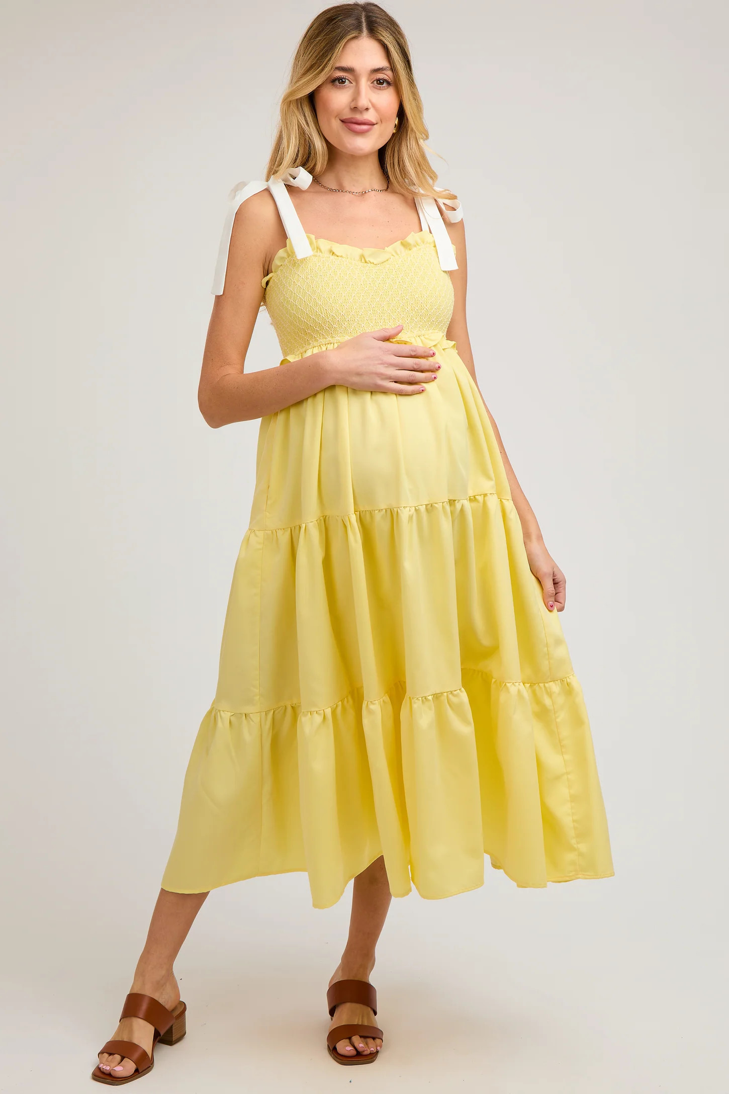 Yellow Sleeveless Tiered Colorblock Strap Maternity Maxi Dress | PinkBlush Maternity