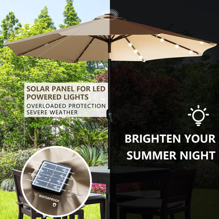 Sun-Ray 9 FT 32 LED Patio Solar Umbrella w/ Push Button Tilt and Crank Outdoor Umbrella Taupe | Walmart (US)