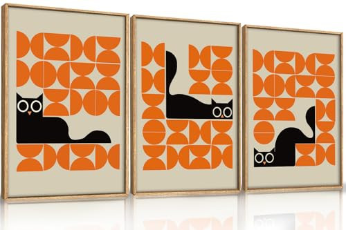 HOURIA Geometric Black Cat Framed Canvas Wall Art Set,Abstract Orange & Cream Wall Decor,Round Eyes Playful Kitten Wall Painting,Modern Animal Prints for Nursery,Living Room,Office - 16"x24"x3 | Amazon (US)