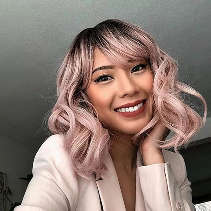 NOBLE Pink Wig with Bangs for White Women Short Ombre Wigs with Bangs for White Women Colorful Sy... | Amazon (US)