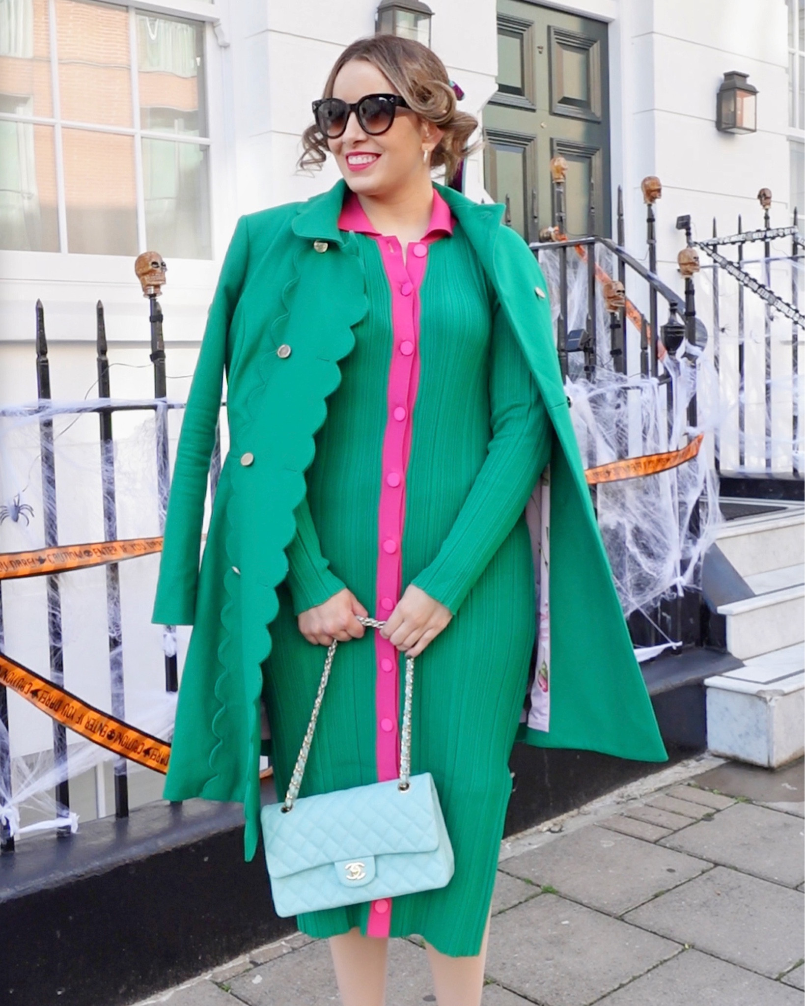 Stretchy Green knit dress with bright pink contrast, styled with an emerald green coat and pink accessories 

#LTKstyletip #LTKSeasonal #LTKunder50