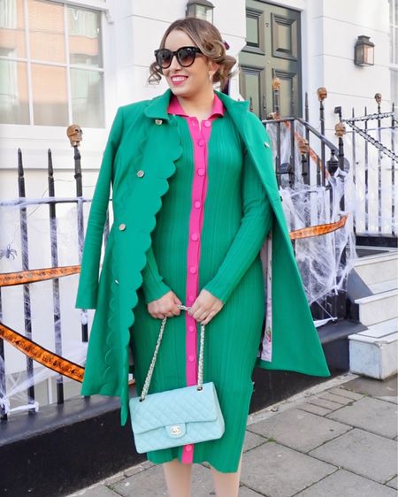 Stretchy Green knit dress with bright pink contrast, styled with an emerald green coat and pink accessories 

#LTKstyletip #LTKSeasonal #LTKunder50