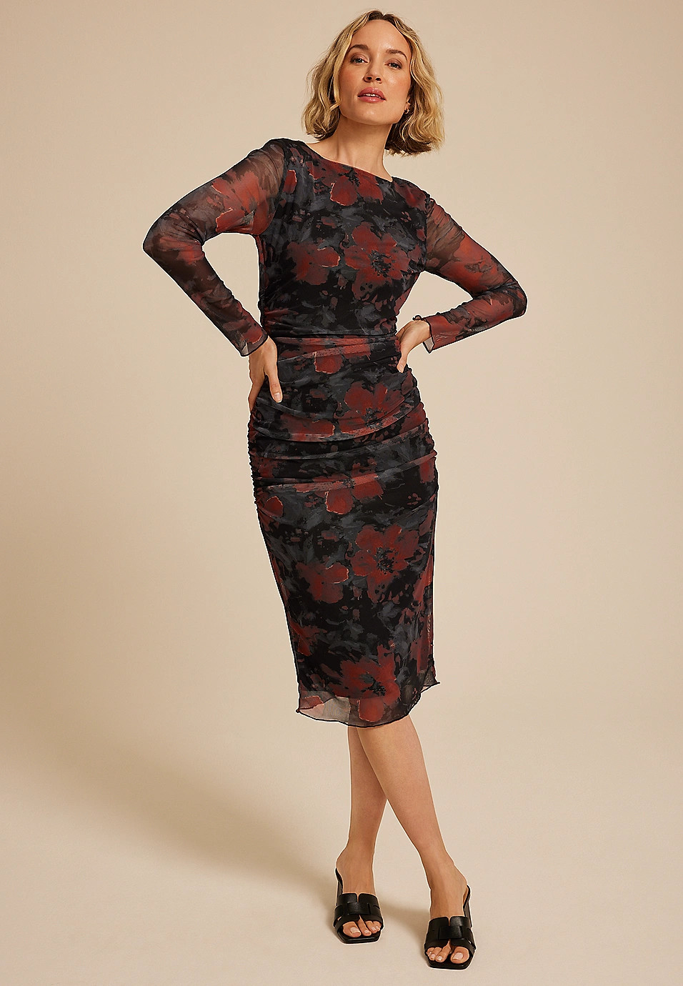 Mesh Floral Long Sleeve Midi Dress | Maurices