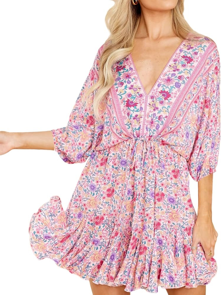 R.Vivimos Womens Summer Floral Dress 3/4 Sleeve Deep V Neck Boho Drawstring Backless Swing Mini D... | Amazon (US)