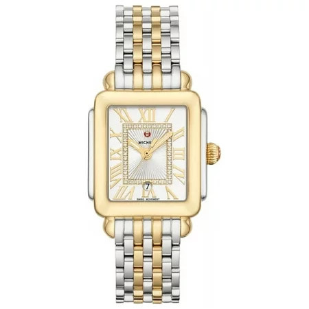 Michele Deco Madison Mid Two-Tone Steel Diamonds Silver Dial Date Rectangle Womens Watch MWW06G000013 | Walmart (US)