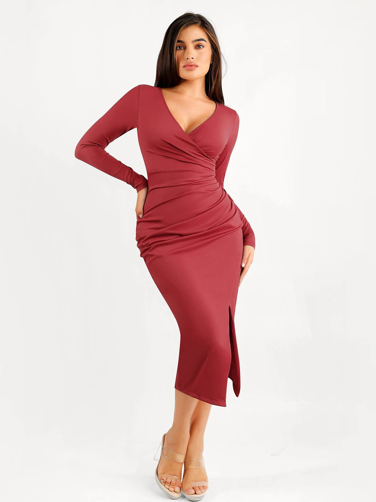 Shapewear Ruched Long Sleeve Faux Wrap Slimming Midi Dress Red / M | Popilush