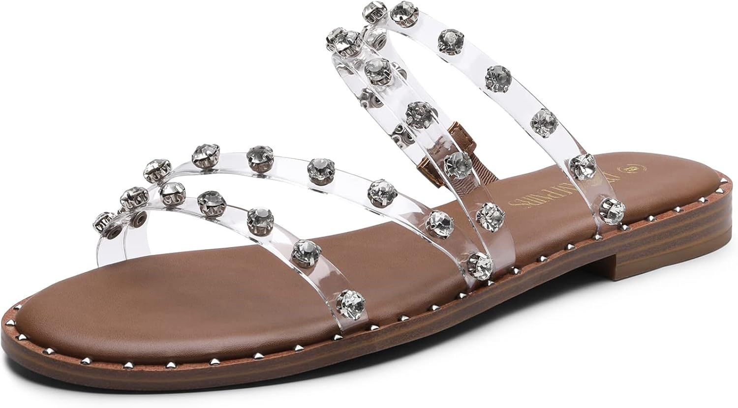 DREAM PAIRS Women's Clear Studded Rhinestone Slide Sandals Slip on Open Toe Cute Flat Sandals for... | Amazon (US)