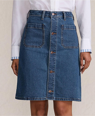 Women's Soft Denim Mid Rise Button Through Above the Knee Skirt | Macy's