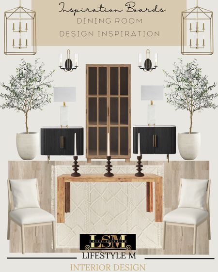 Dining room design inspiration. Recreate the look at home! Wood cabinet, black console table, wood dining table, white wood dining chair, candle holder, white tree planter, faux fake tree, black wall sconce light, gold brass pendant light, dining room rug, white table lamp.

#LTKstyletip #LTKhome #LTKFind