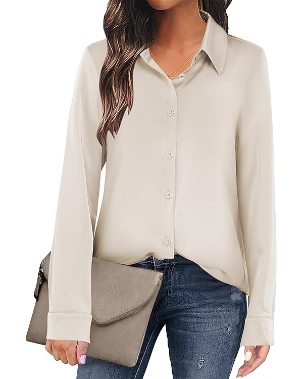 ANRABESS Blouse for Women Dressy Casual Satin Long Sleeve Button Down Shirts 2025 Fall Outfits Of... | Amazon (US)