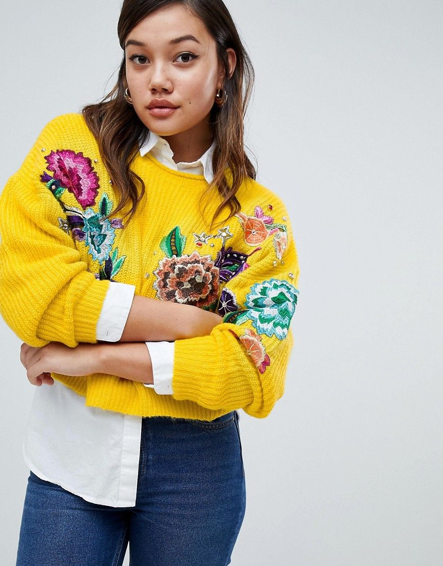 ASOS DESIGN Jumper With Floral Embroidery And Embellishment - Yellow | ASOS UK