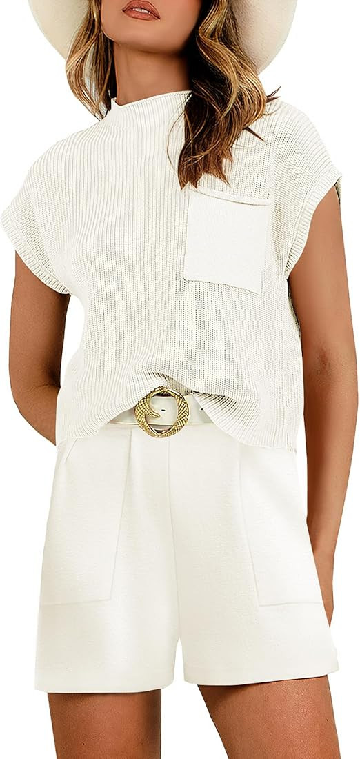 Caracilia Women's Fashion Two Piece Outfits Summer Short Sets Knit Pullover Tops and Shorts Loung... | Amazon (US)