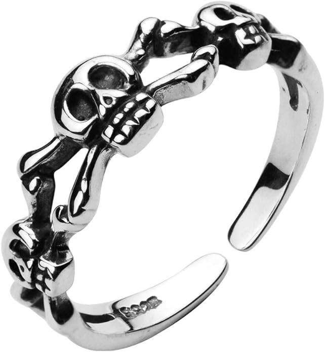 Halloween Gothic Skull Open S925 Sterling Silver Engagement Unique Vintage Stacking Ring Punk Adj... | Amazon (US)