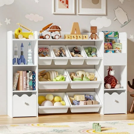 Hommpa Kids Toy Storage Organizer with 8 Toy Storage Bins, Kids Bookcase with 4-Tier Bookshelf, Toy Organizer with 2 Removable Drawers and 3 Cube Storage for Bedroom Playroom, White | Walmart (US)