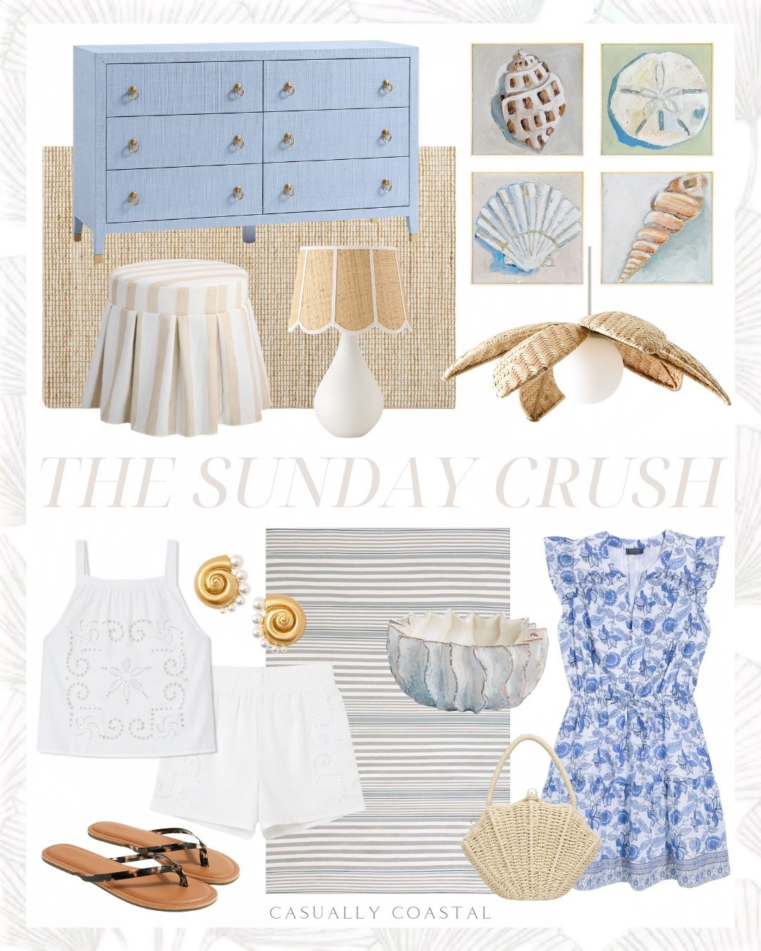 The Sunday Crush! 

Coastal home decor, coastal style, coastal rug, coastal dress, coastal wall art, beach house decor, beach home, wayfair rug, stripe rug, indoor outdoor rug, raffia dresser, vineyard vines dress, blue and white mini dress, neutral rug, tan and white rug, palm pendant, shell art, striped ottoman, coastal ottoman, coastal lamp, woven grass cloth table lamp, shell woven top handle bag, summer bag, high eyelet short, matching white set, Lilly Pulitzer matching set, Lilly Pulitzer earrings, gold summer earrings, tortoise shell sandals, flip flops, coastal decorative bowl

#LTKHome