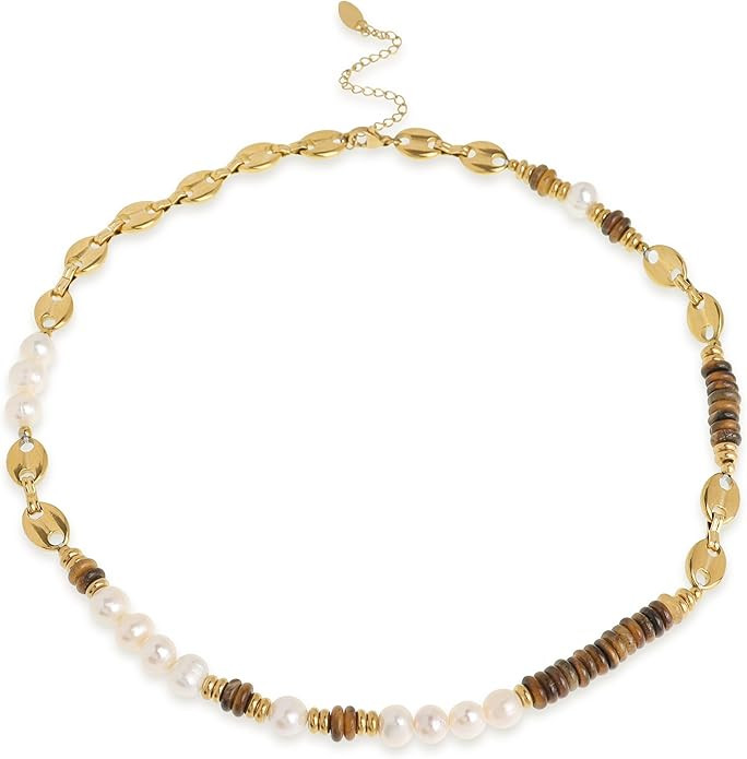 Tiger Eye Gemstone Pearl Bead Necklace for Women Girls, Boho Statement Prom Jewelry Gift | Amazon (US)