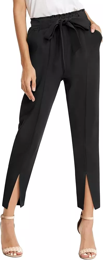 TINSTREE Women's Casual Work Pants, High Waist Self-Tie Belted