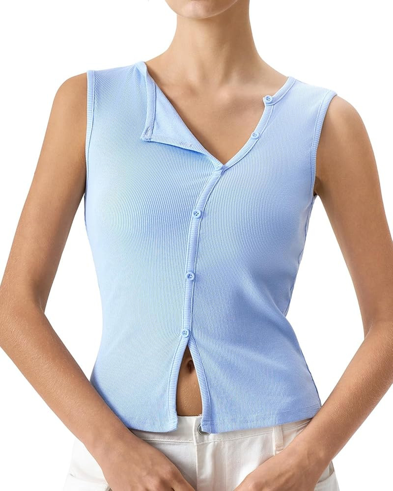 QINSEN Women's Sleeveless Ribbed Crewneck Tank Top Upper Button Fastening Shirts Going Out Tops | Amazon (US)