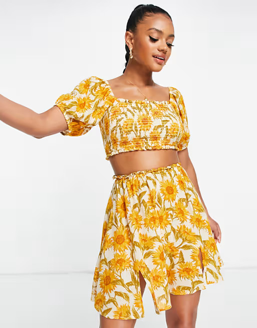 ASOS DESIGN frill edge beach skirt set in sunflower print | ASOS (Global)