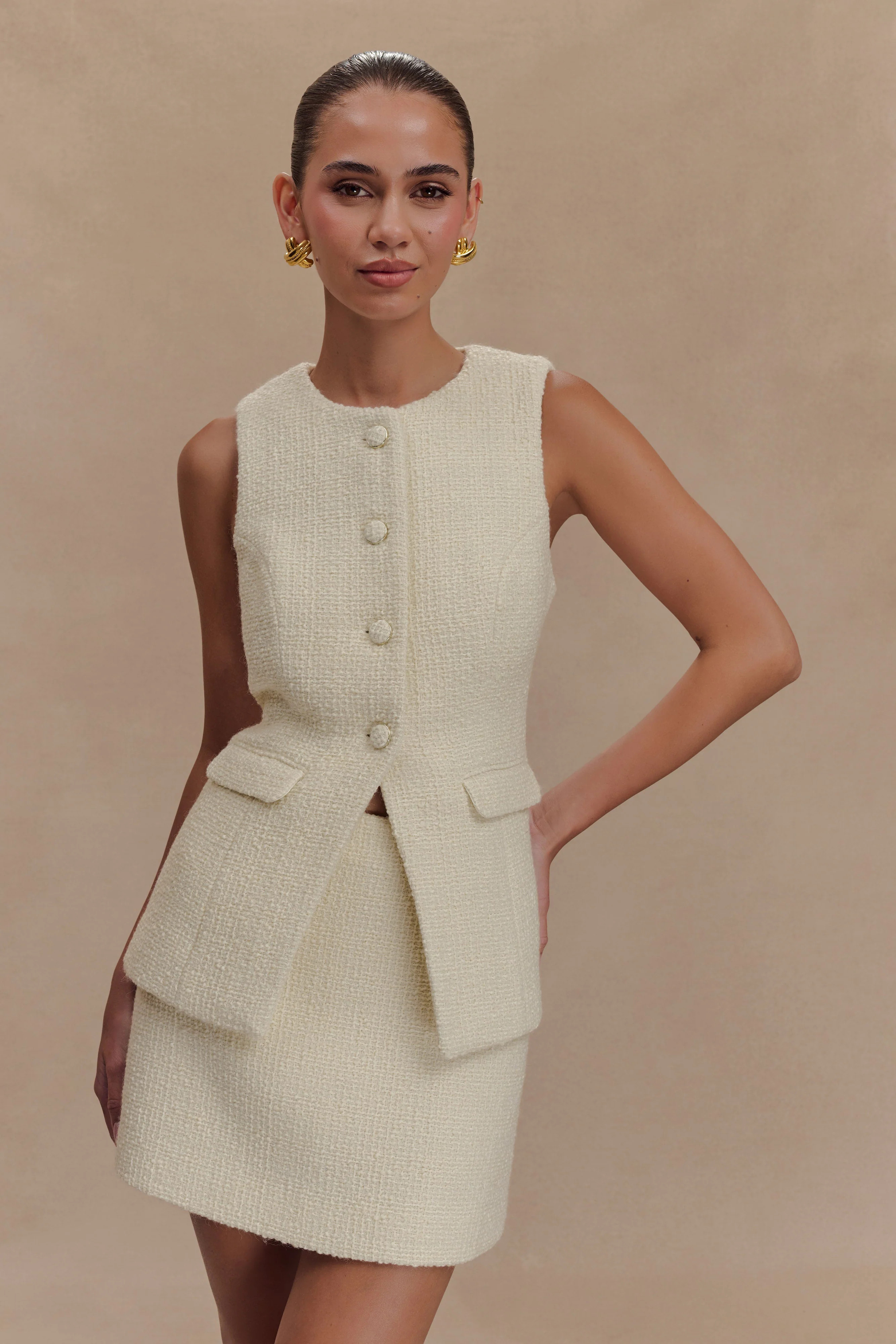 Boucle Sleeveless Vest - Ivory | MESHKI US