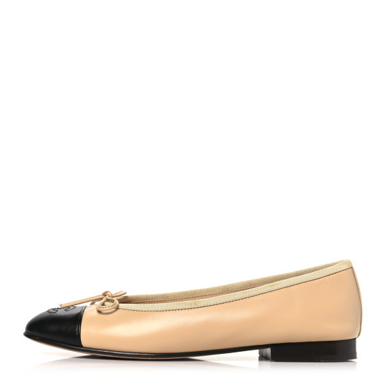 Chanel Lambskin Cap Toe CC Ballerina Flats 36 Beige Black | FASHIONPHILE (US)