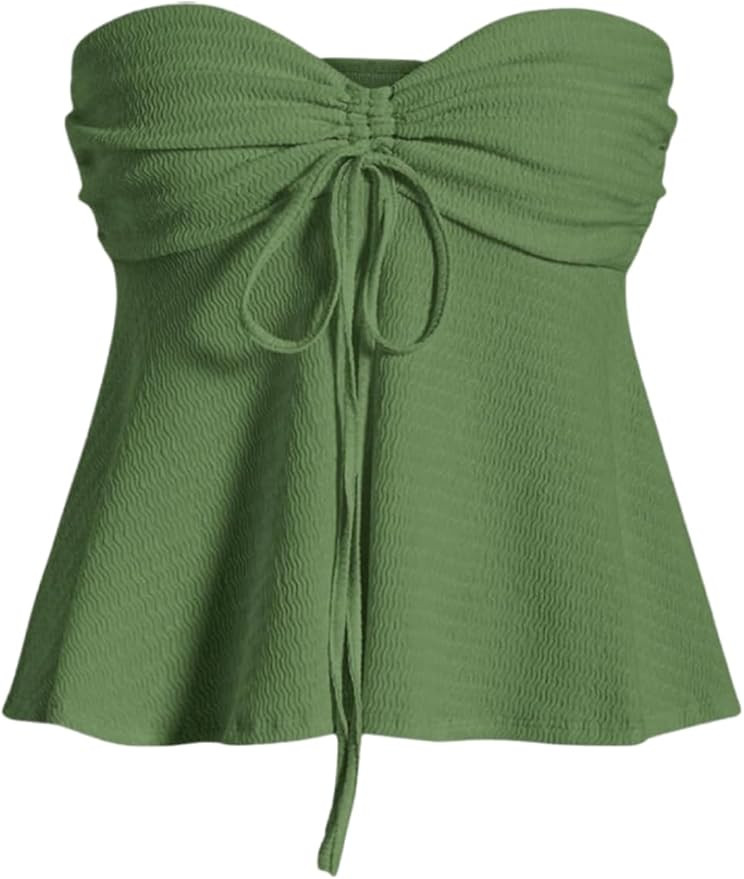 Milumia Women Tie Front Ruched Tube Top Strapless Flared Hem Peplum Bandeau Tops | Amazon (US)