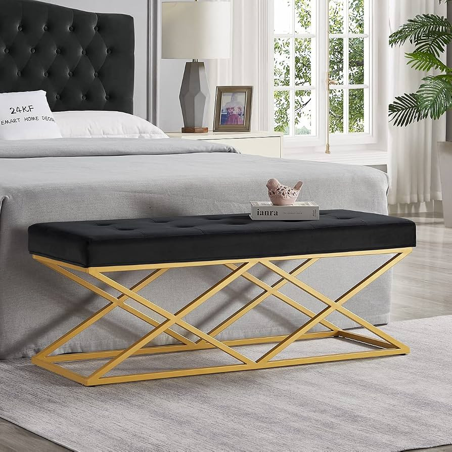 24KF Upholstered Button Tufted Long Bench with Golden Metal Frame Base, Velvet Fabric Entryway Lo... | Amazon (US)