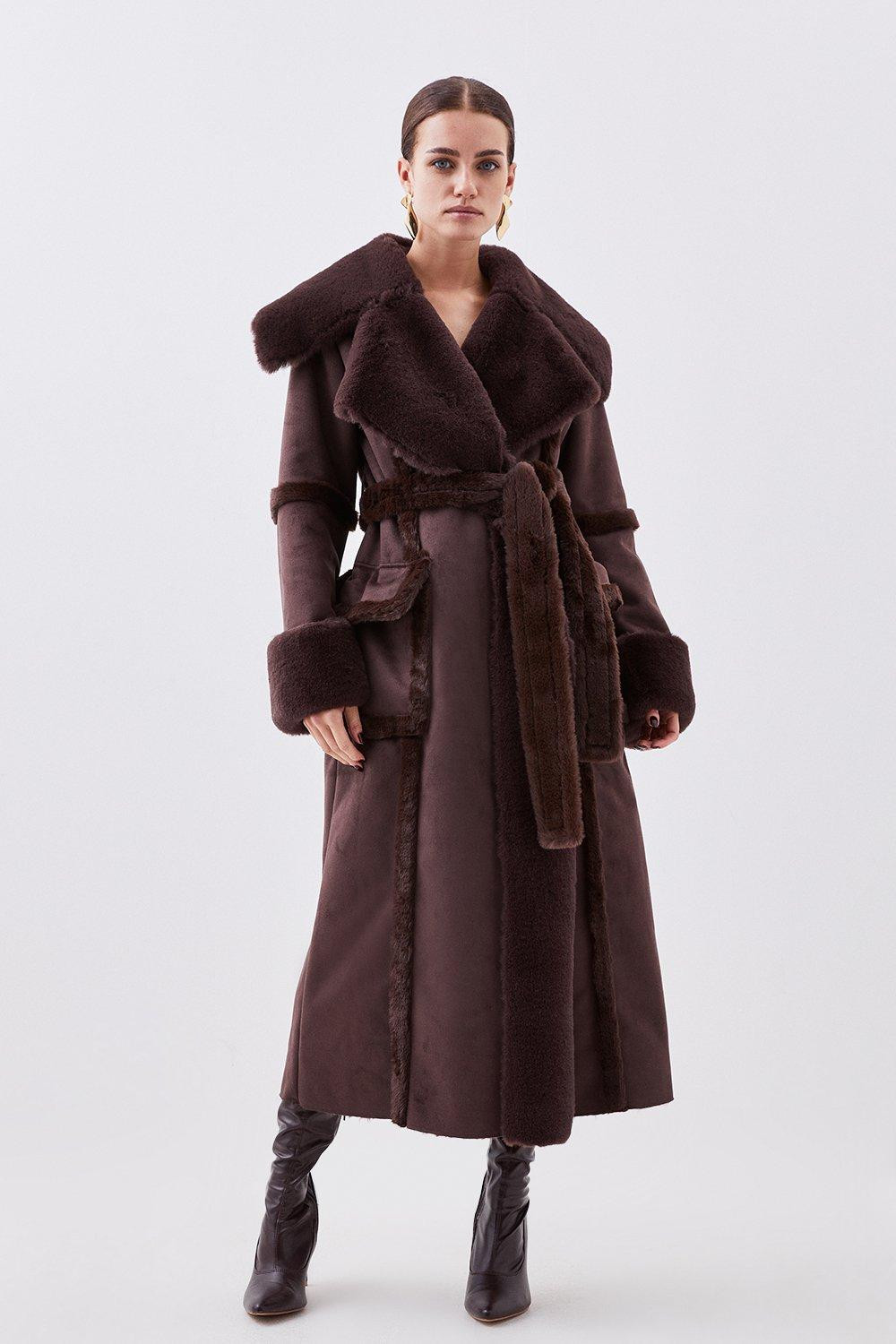 Petite Faux Shearling Collar & Cuff Tie Belt Maxi Coat | Karen Millen UK + IE + DE + NL
