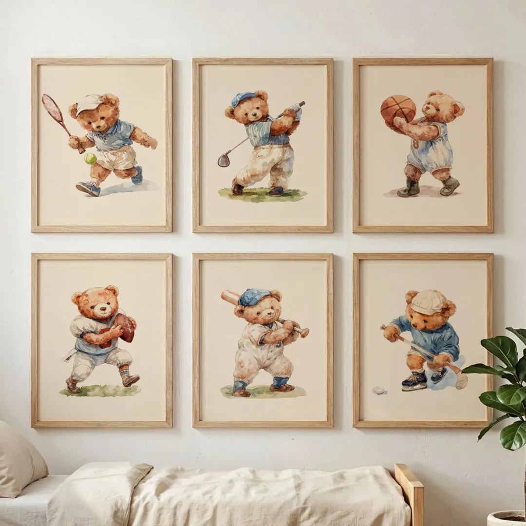 Vintage Teddy Bear Sports Wall Art Set of 6, Nursery Printable, Baby Boy Decor, Instant Download | Etsy (US)