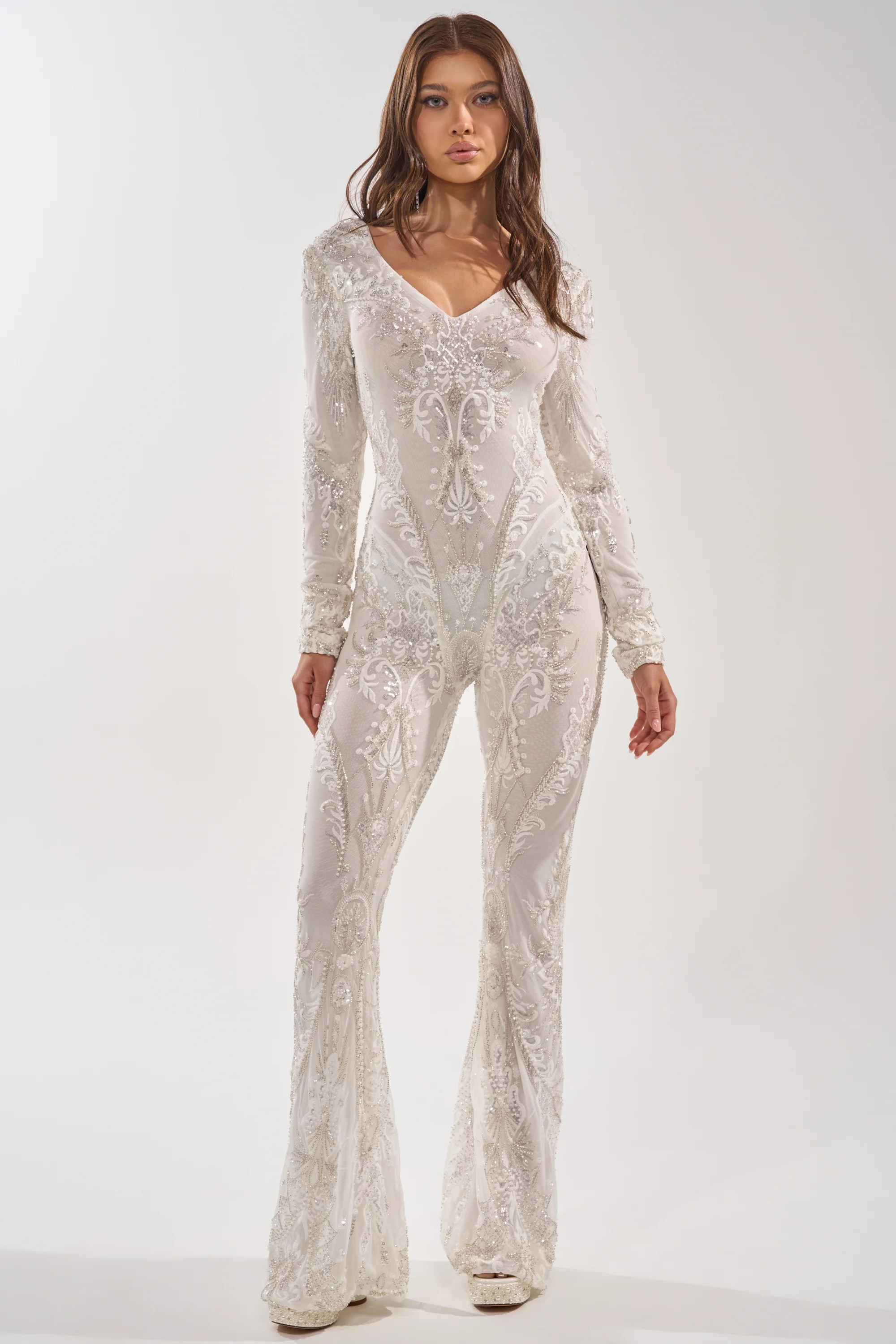 WATCH ME WORK EMBELLISHED SEQUIN JUMPSUIT IN WHITE | AKIRA