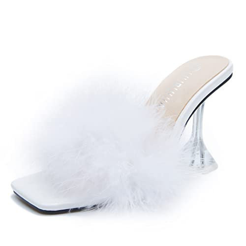 LIURUIJIA Women's Feather High Heeled Mules Slip On Sandals Square Toe Bridal Wedding Party Shoes Fuzzy Fluffy Sexy Clear Heels White 40 US 8 | Amazon (US)