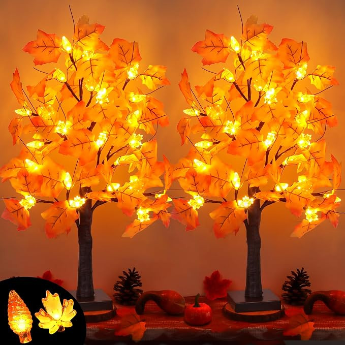 2 Pack 24 Inch Artificial Lighted Maple Tree with 48 LEDs Timer Fall Thanksgiving Decorations Bat... | Amazon (US)