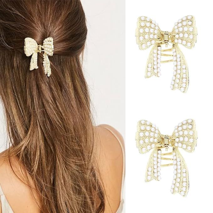 Brinie Pearl Hair Claw Clamps Gold Metal Hair Claw Clips Bowknot Hair Styling Clips Non Slip Jaw ... | Amazon (US)
