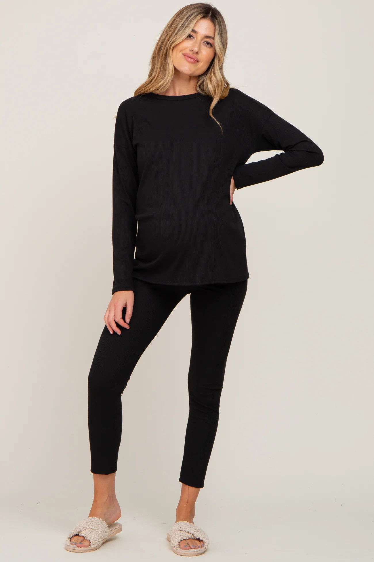 Black Ribbed Long Sleeve Maternity Pajama Pants Set | PinkBlush Maternity
